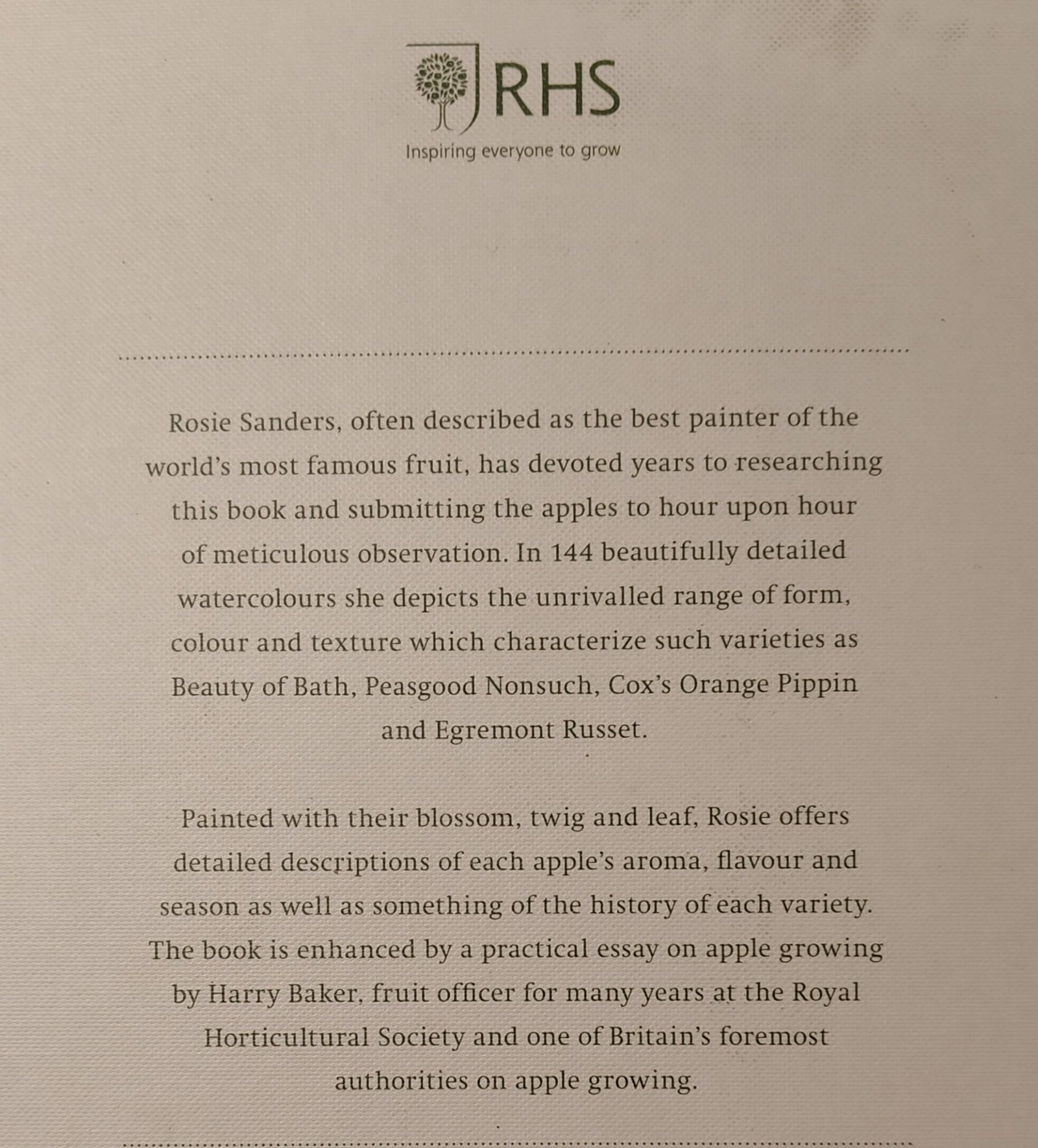 Reverse cover information of Rosie Sanders' "The Apple Book"